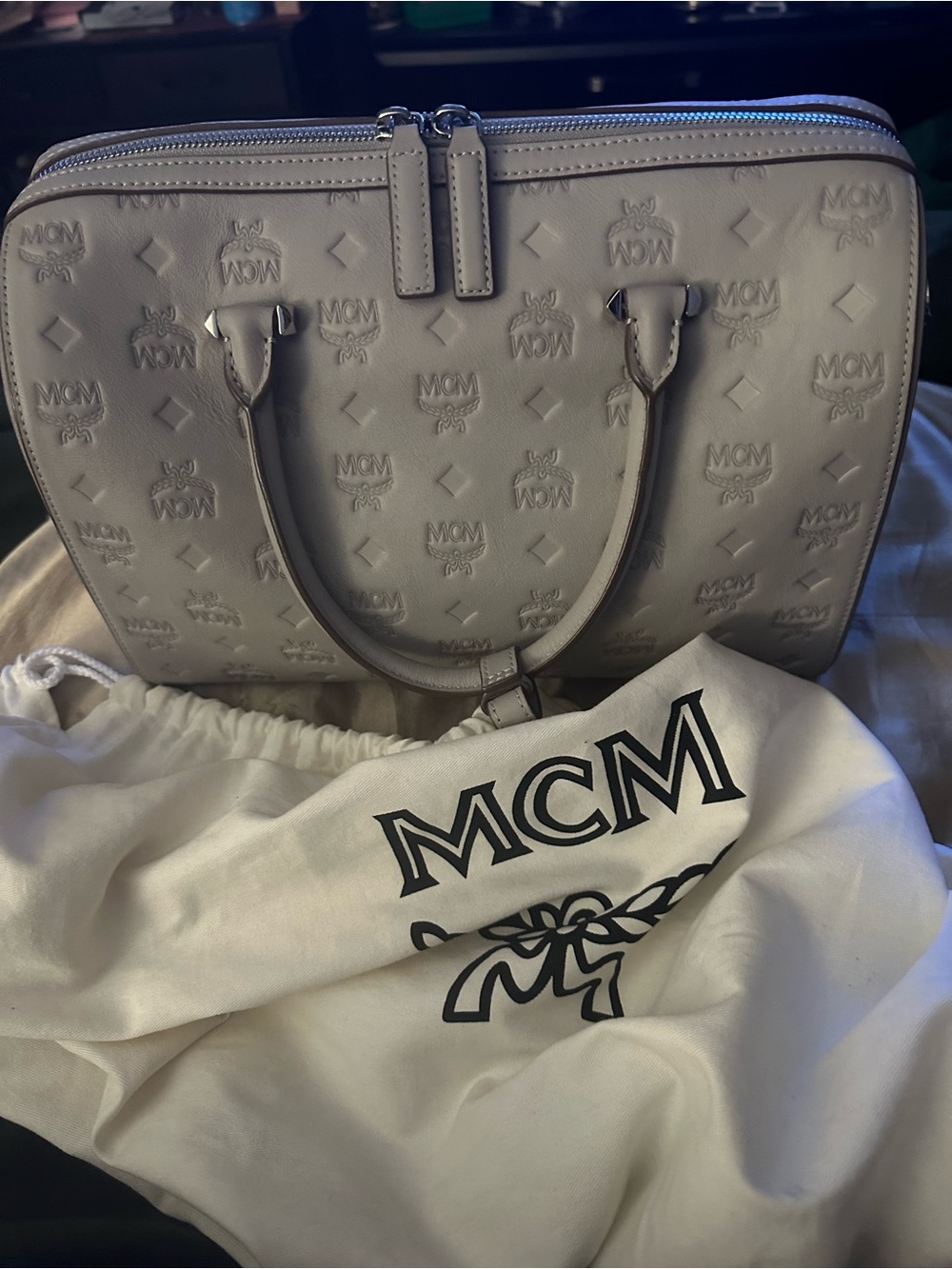 MCM Embossed Leather Satchel in Light Gray(Dove)